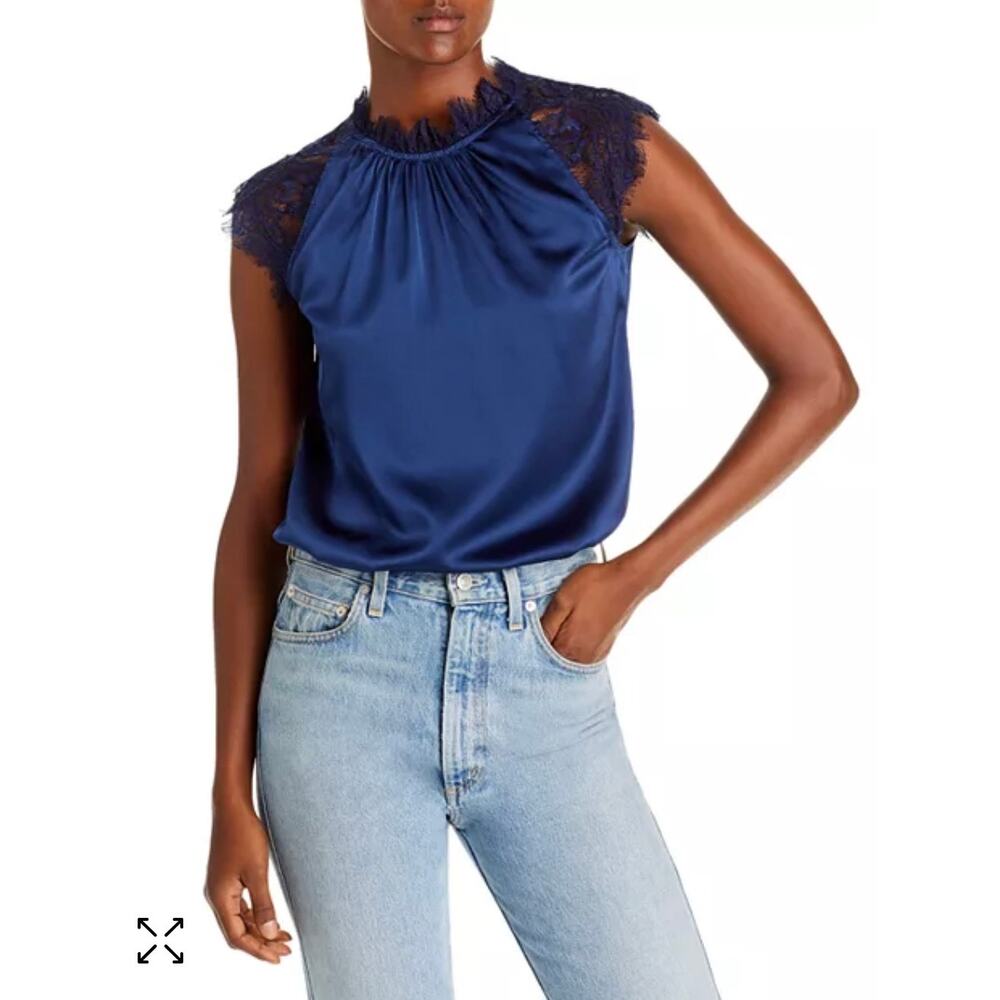 NWT Generation Love Charolette Navy Blue Silk Lace Sleeve Blouse Top Size S